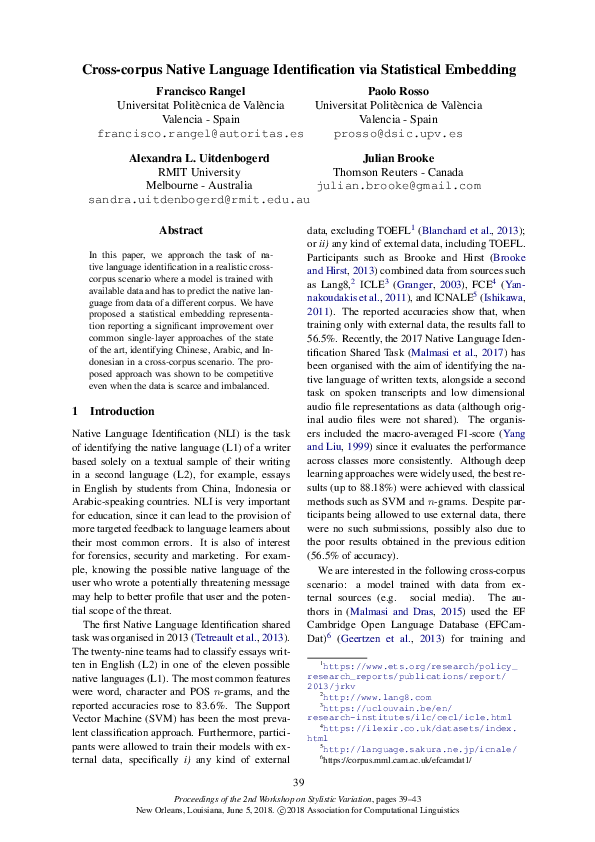 (PDF) Cross-corpus Native Language Identification via Statistical Embedding