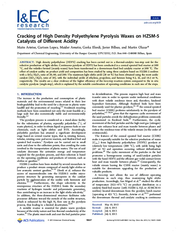 (PDF) Cracking of High Density Polyethylene Pyrolysis Waxes on HZSM-5 ...