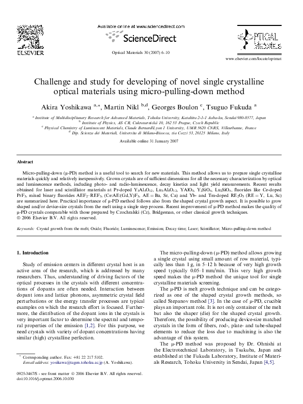Challenge and study for developing of novel single crystalline optical materials using micro-pulling-down method