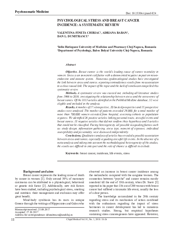 (PDF) Psychological Stress and Breast Cancer Incidence: A Systematic Review