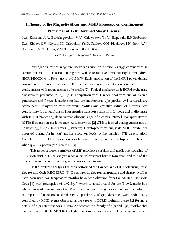 (PDF) Influence of the Magnetic Shear and MHD Processes on Confinement ...