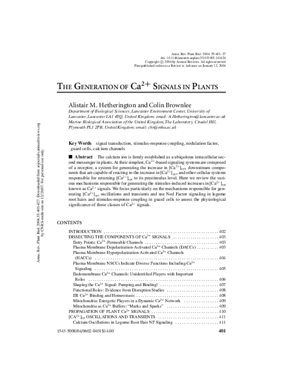 (PDF) THE GENERATION OF Ca 2+ SIGNALS IN PLANTS