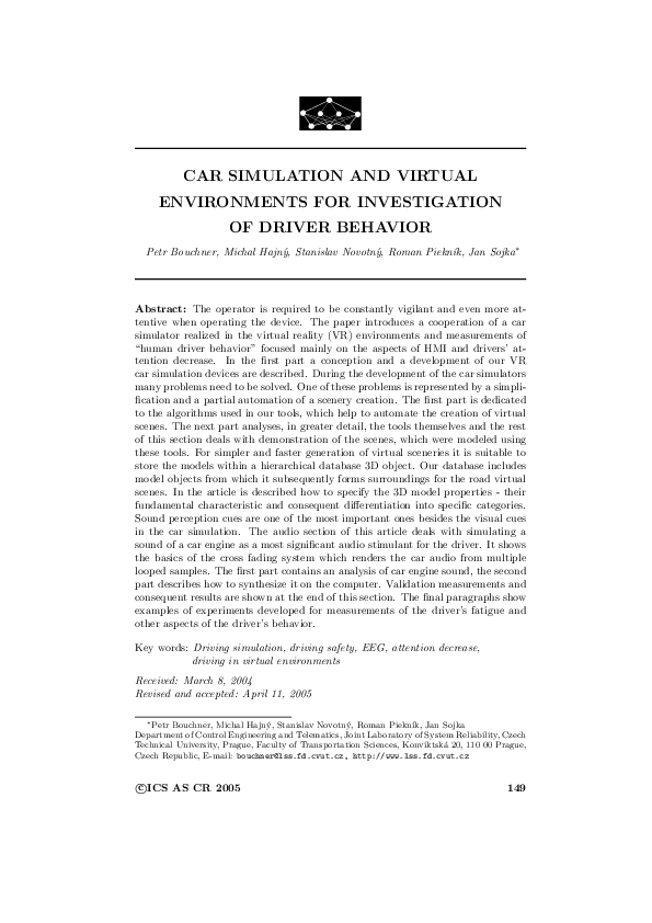 (PDF) Car simulation and virtual environments for investigation of ...