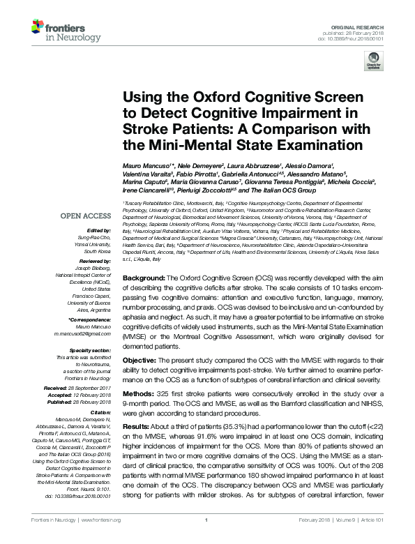Using the Oxford Cognitive Screen to Detect Cognitive Impairment in ...