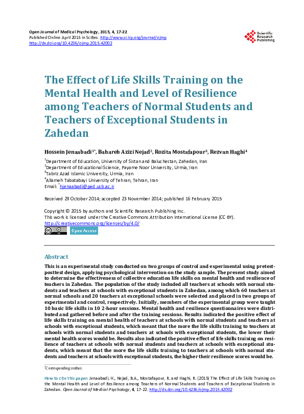 (PDF) The Effect of Life Skills Training on the Mental Health and Level ...