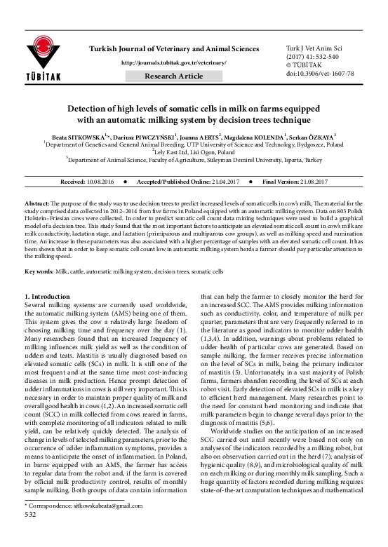 (PDF) Detection of high levels of somatic cells in milk on farms ...