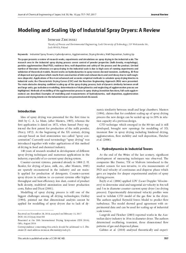 (PDF) Modeling and Scaling Up of Industrial Spray Dryers A Review Ireneusz Zbicinski
