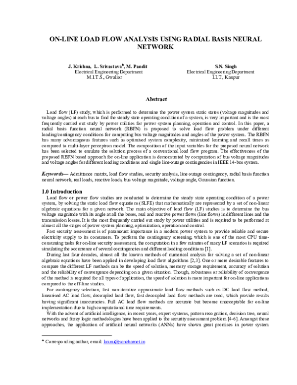 (PDF) On-Line Load Flow Analysis Using Radial Basis Neural Network