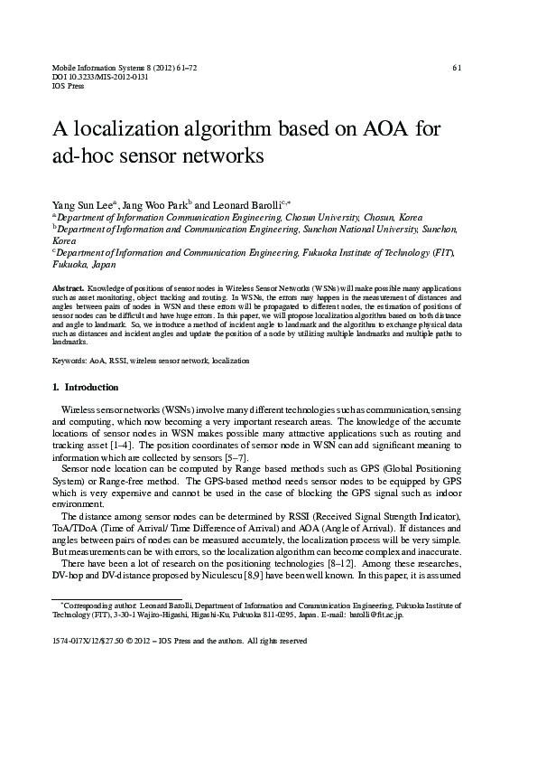 (PDF) A Localization Algorithm Based on AOA for Ad-Hoc Sensor Networks