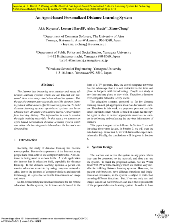 (PDF) An agent-based personalized distance learning system