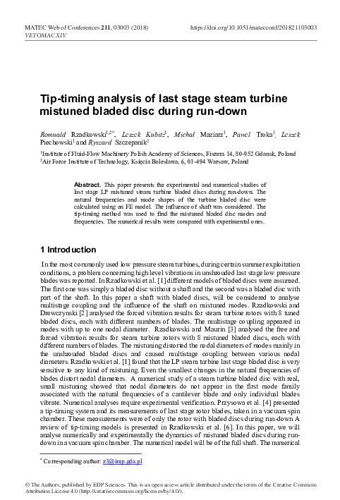 (PDF) Tip-timing analysis of last stage steam turbine mistuned bladed ...