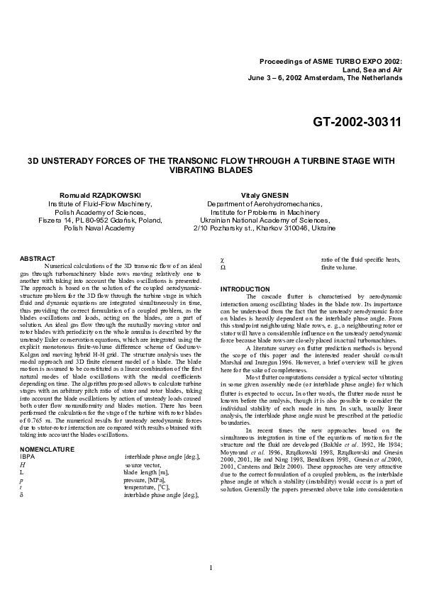(PDF) 3D Unsteady Forces of the Transonic Flow Through a Turbine Stage ...