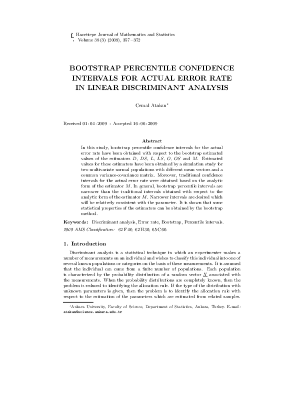 (PDF) Bootstrap percentile confidence intervals for actual error rate ...