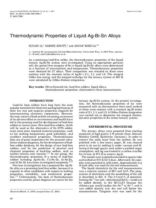 (PDF) Thermodynamic Properties of Liquid Ag-Bi-Sn Alloys