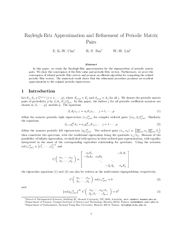 (PDF) Rayleigh-Ritz Approximation and Refinement of Periodic Matrix Pairs