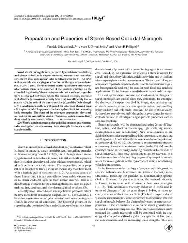 (PDF) Preparation and Properties of Starch-Based Colloidal Microgels