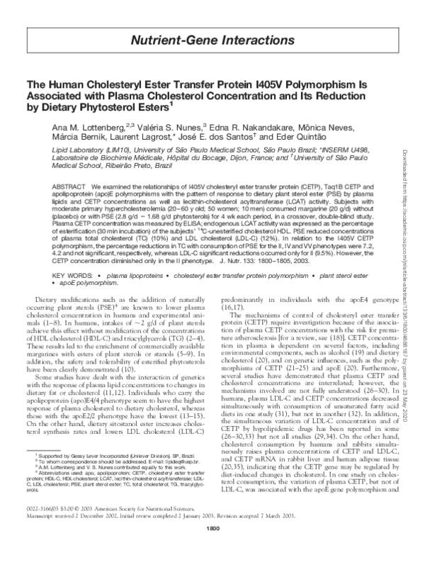 (PDF) The human cholesteryl ester transfer protein I405V polymorphism ...