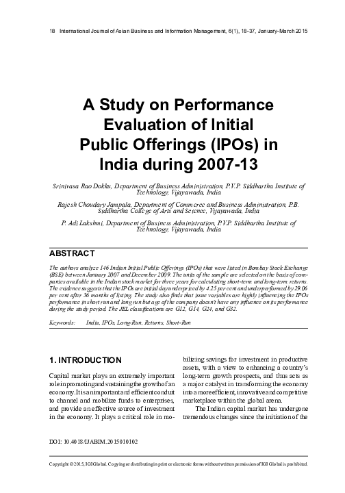 (PDF) A Study on Performance Evaluation of Initial Public Offerings ...