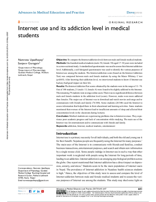 (PDF) Internet use and its addiction level in medical students