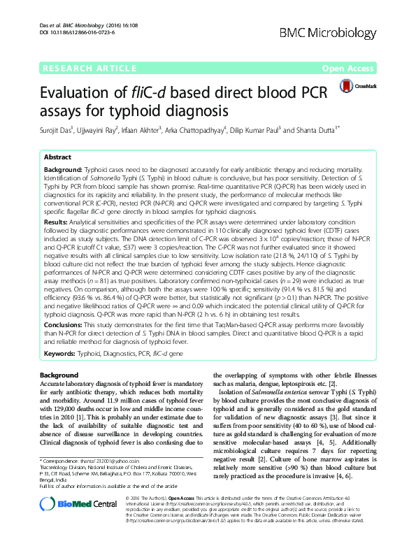 (PDF) Evaluation of fliC-d based direct blood PCR assays for typhoid ...