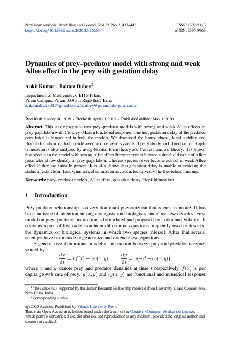(PDF) Dynamics of prey–predator model with strong and weak Allee effect ...