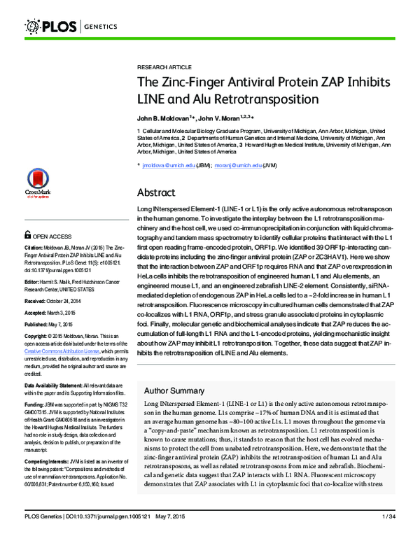 (PDF) The Zinc-Finger Antiviral Protein ZAP Inhibits LINE and Alu ...
