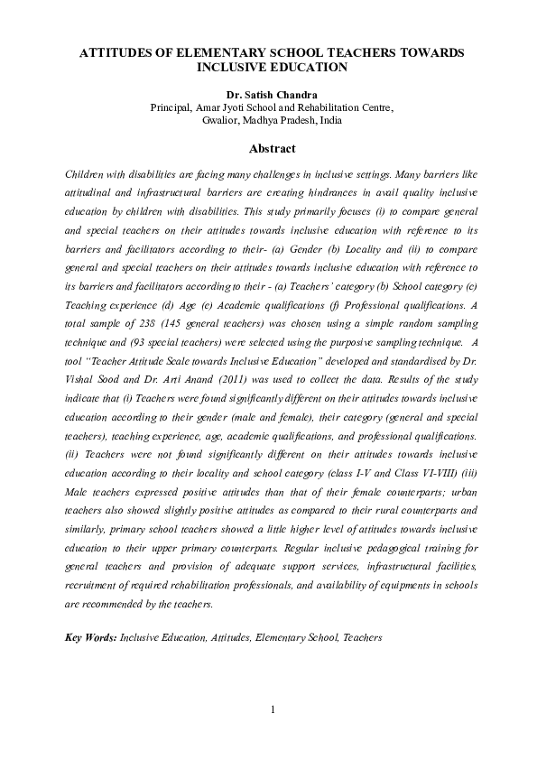 (DOC) ATTITUDES OF ELEMENTARY SCHOOL TEACHERS TOWARDS INCLUSIVE EDUCATION