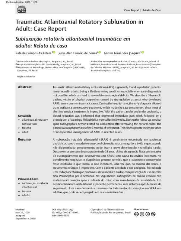 (PDF) Traumatic Atlantoaxial Rotatory Subluxation in Adult: Case Report