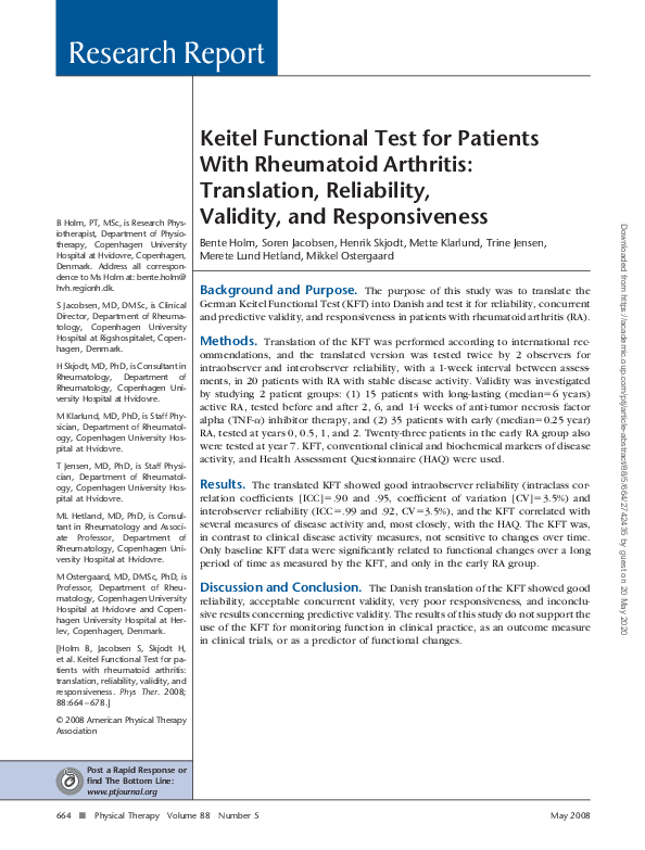 (PDF) Keitel Functional Test for Patients With Rheumatoid Arthritis ...