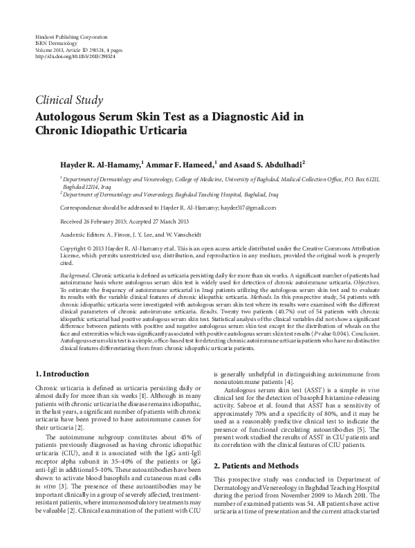 (PDF) Autologous Serum Skin Test as a Diagnostic Aid in Chronic ...