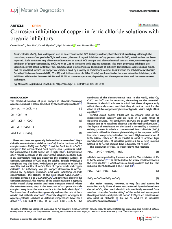 (PDF) Corrosion inhibition of copper in ferric chloride solutions with ...