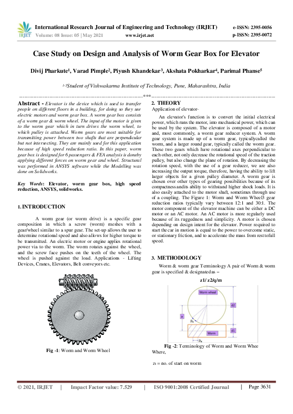 (PDF) IRJET Case Study on Design and Analysis of Worm Gear Box for