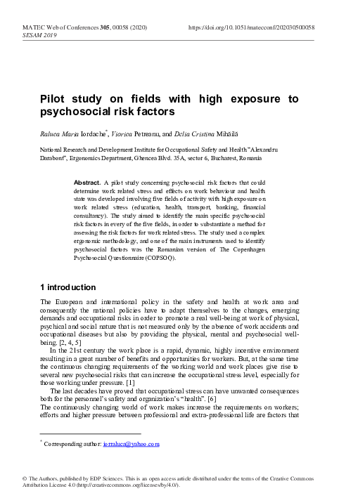 (PDF) Pilot study on fields with high exposure to psychosocial risk factors