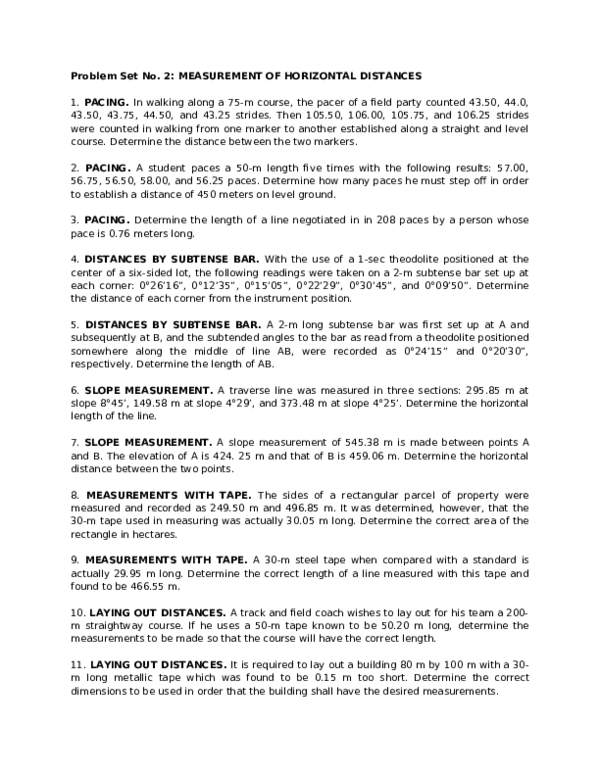 (PDF) Problem Set No. 2: MEASUREMENT OF HORIZONTAL DISTANCES