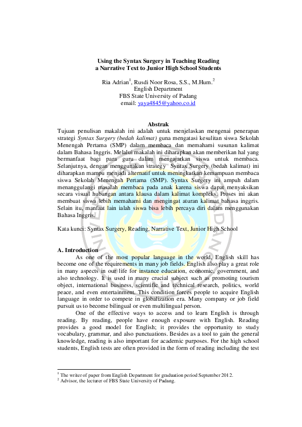 (PDF) Using the Syntax Surgery in Teaching Reading a Narrative Text to ...