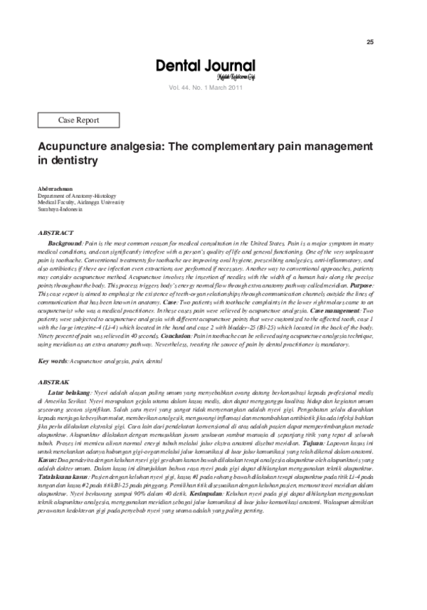 (PDF) Acupuncture analgesia The complementary pain management in dentistry abdurachman