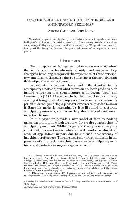 (PDF) Psychological Expected Utility Theory and Anticipatory Feelings