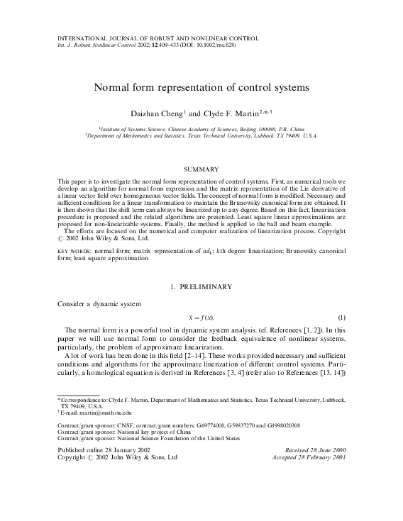 (PDF) Normal form representation of control systems