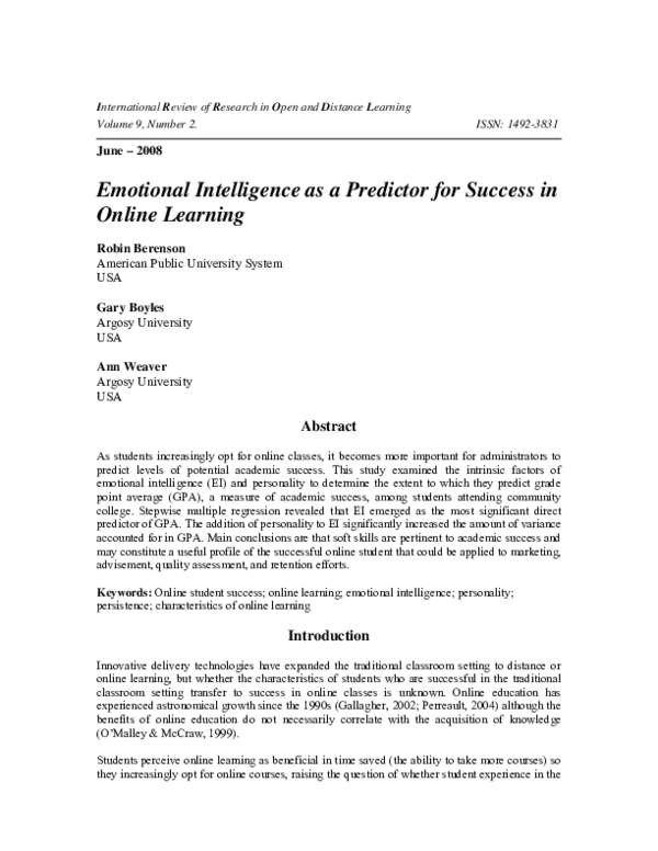 (PDF) Emotional Intelligence as a Predictor for Success in Online Learning