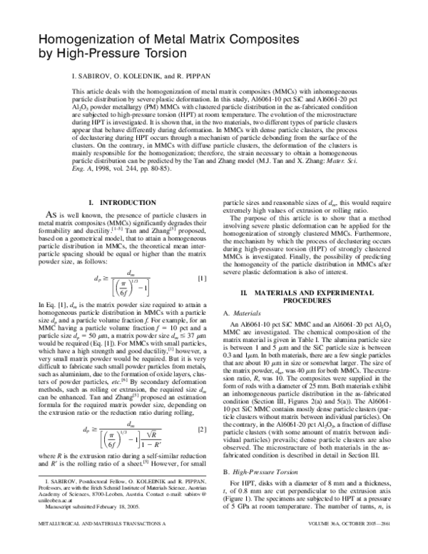 (PDF) Homogenization of metal matrix composites by high-pressure torsion