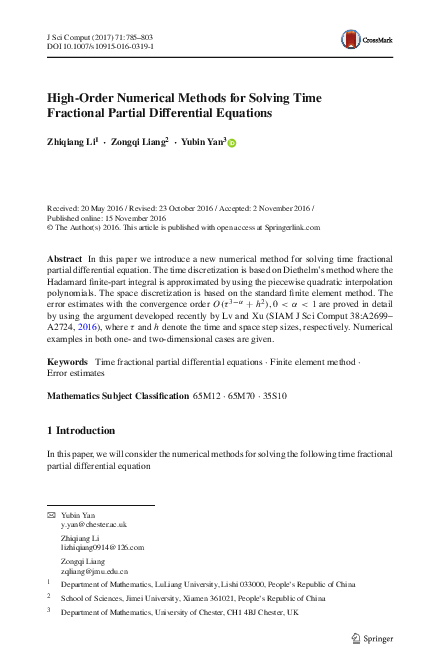 (PDF) High-Order Numerical Methods for Solving Time Fractional Partial ...