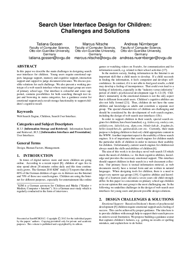(PDF) Search User Interface Design for Children: Challenges and Solutions