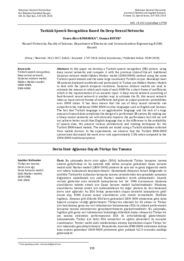 (PDF) Turkish Speech Recognition Based On Deep Neural Networks