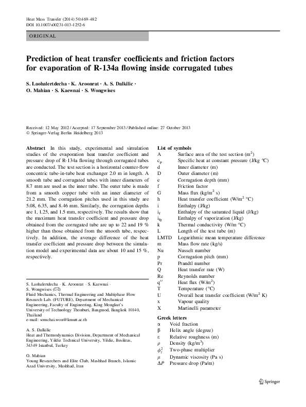 (PDF) Prediction of heat transfer coefficients and friction factors for ...