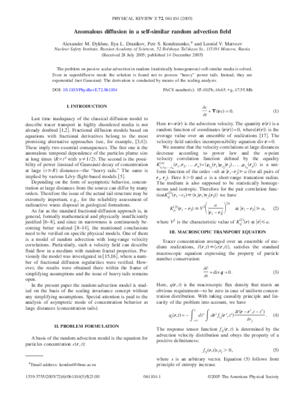 (PDF) Anomalous diffusion in a self-similar random advection field