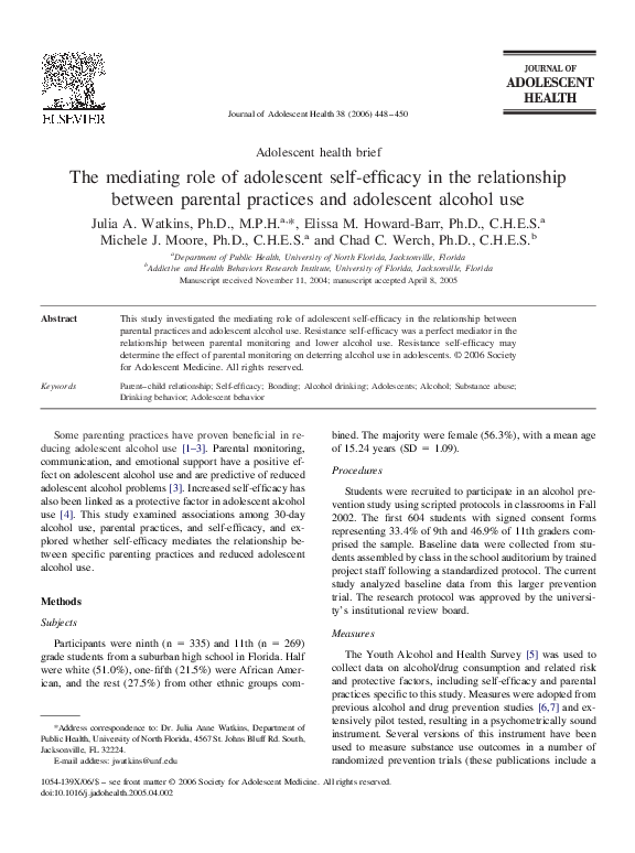 (PDF) The mediating role of adolescent self-efficacy in the ...
