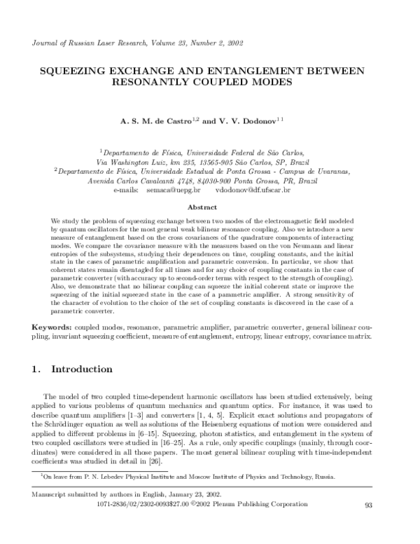 (PDF) Squeezing exchange and entanglement between resonantly coupled modes