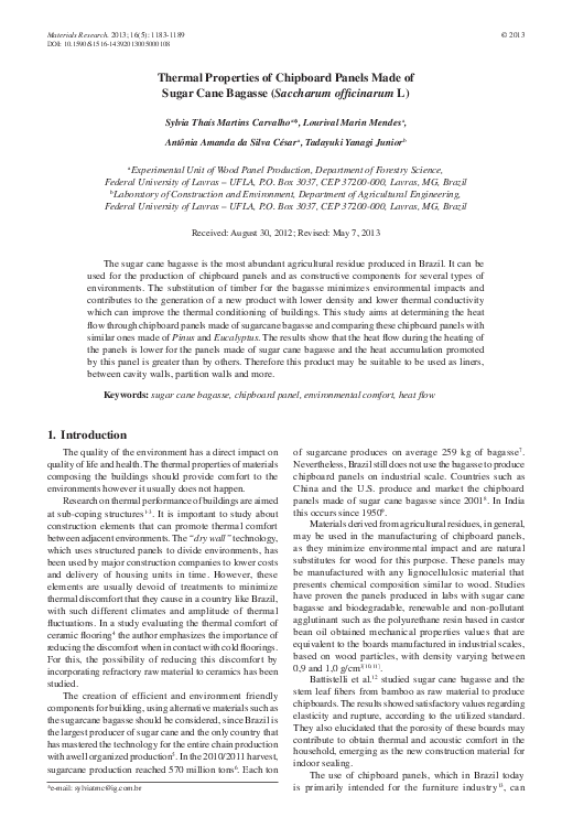 (PDF) Thermal properties of chipboard panels made of sugar cane bagasse