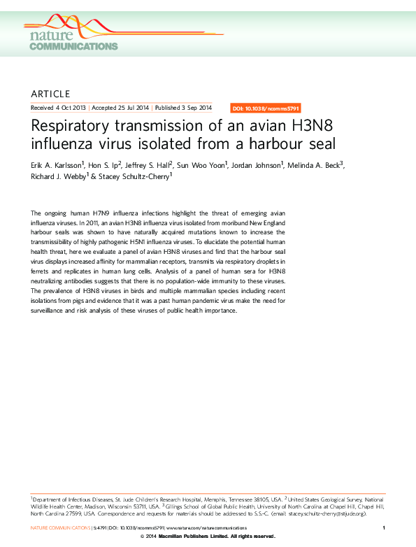 (PDF) Respiratory transmission of an avian H3N8 influenza virus ...