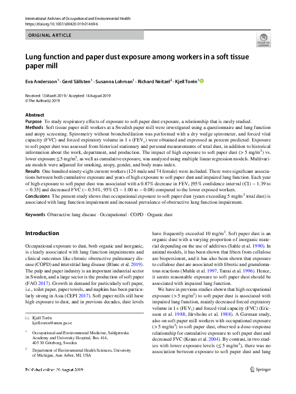 (PDF) Lung function and paper dust exposure among workers in a soft tissue paper mill Richard